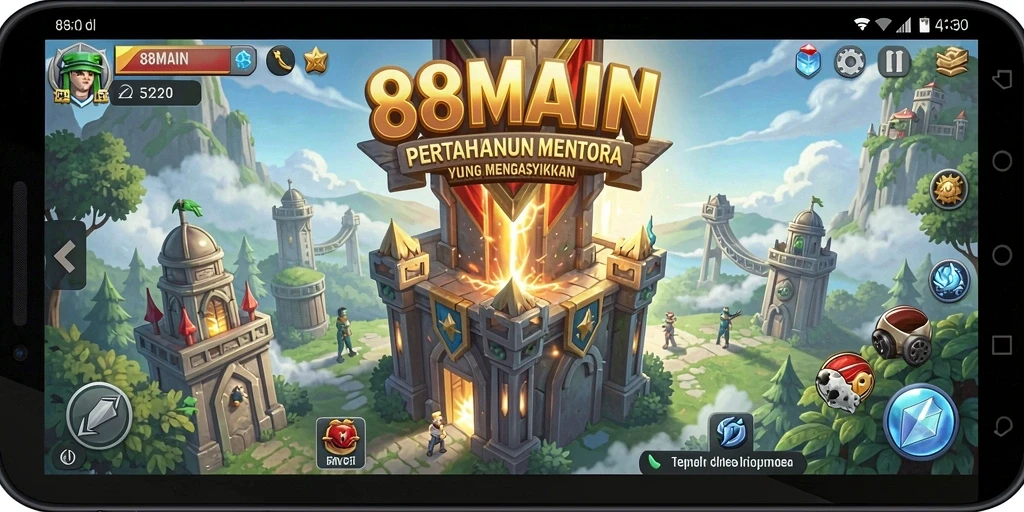 Screenshot permainan <strong>88MAIN</strong> menunjukkan pertempuran seru dan strategi menara.