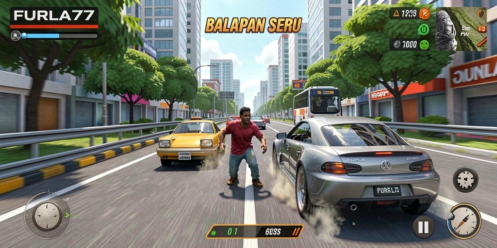 Tampilan gameplay Racing seru di FURLA77 dengan mobil dan trek menantang.