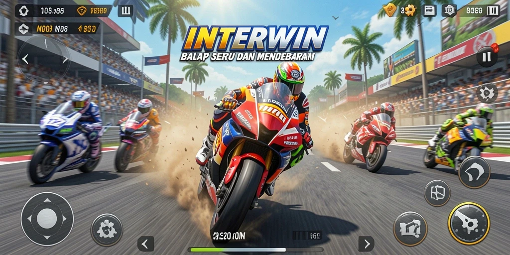 Screenshot INTERWIN menampilkan balapan motor yang intens dan mendebarkan.