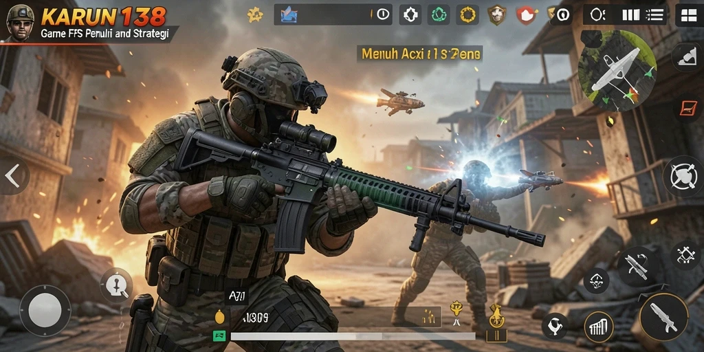 Gameplay intens dalam <strong>KARUN138</strong> menunjukkan aksi tembak-menembak yang mendebarkan.