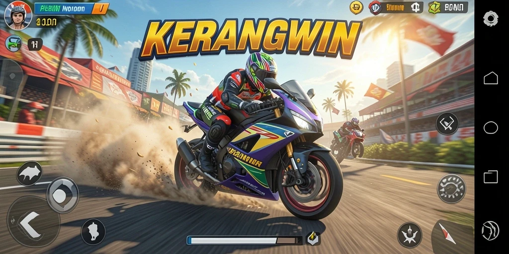 Gameplay KERANGWIN penuh aksi balapan motor yang menarik.