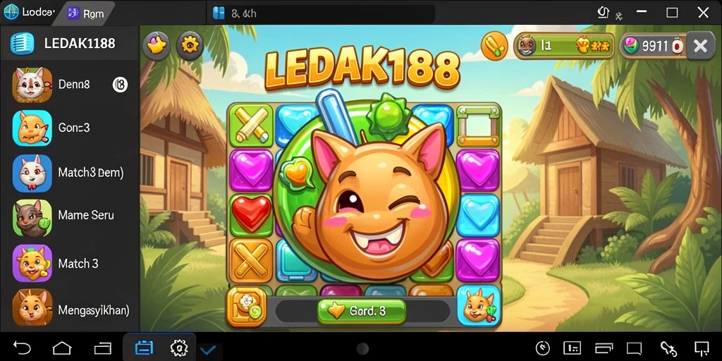 Tampilan gameplay seru dalam LEDAK188, tantangan Match-3 yang menyenangkan.