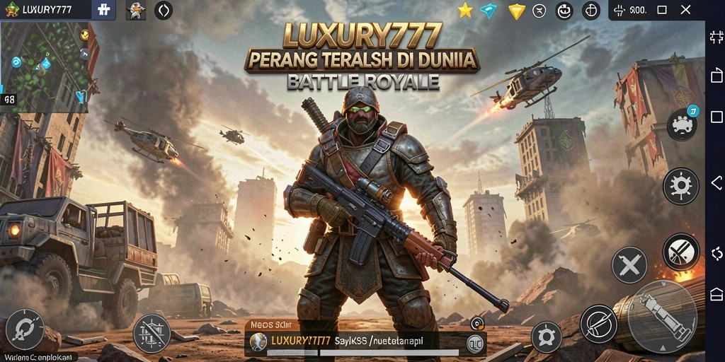 Screenshot gameplay LUXURY777 menampilkan pertarungan epik di dunia Battle Royale.