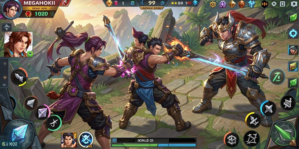 Screenshot MEGAHOKI menampilkan pertarungan strategis antar tim di arena MOBA.