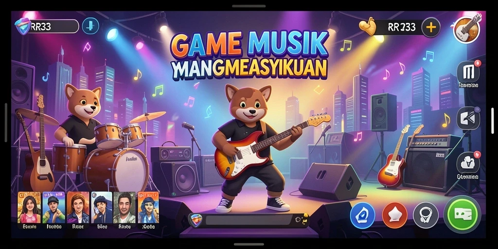 Tampilan gameplay dari RR33 yang menampilkan berbagai alat musik.