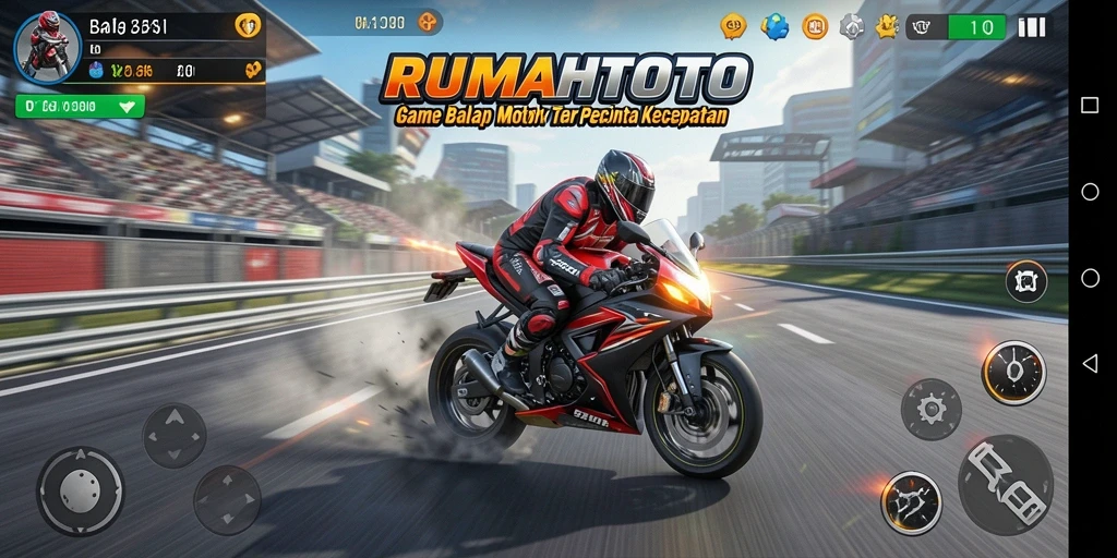 Screenshot dari gameplay RUMAHTOTO yang menunjukkan aksi balap motor yang intens.