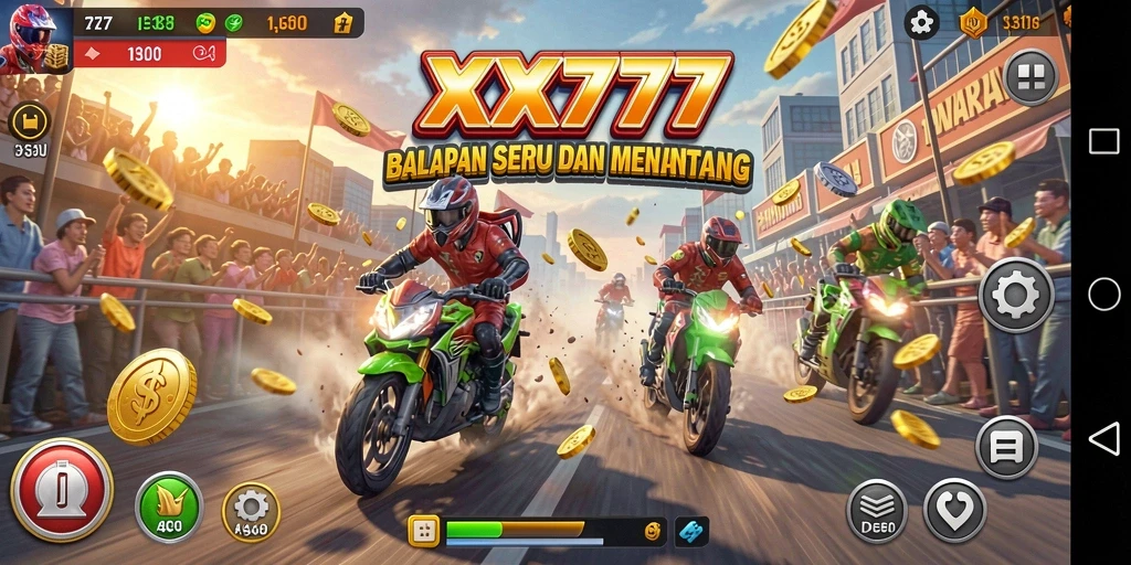 Screenshot gameplay XXX777 menampilkan aksi balapan yang mendebarkan.